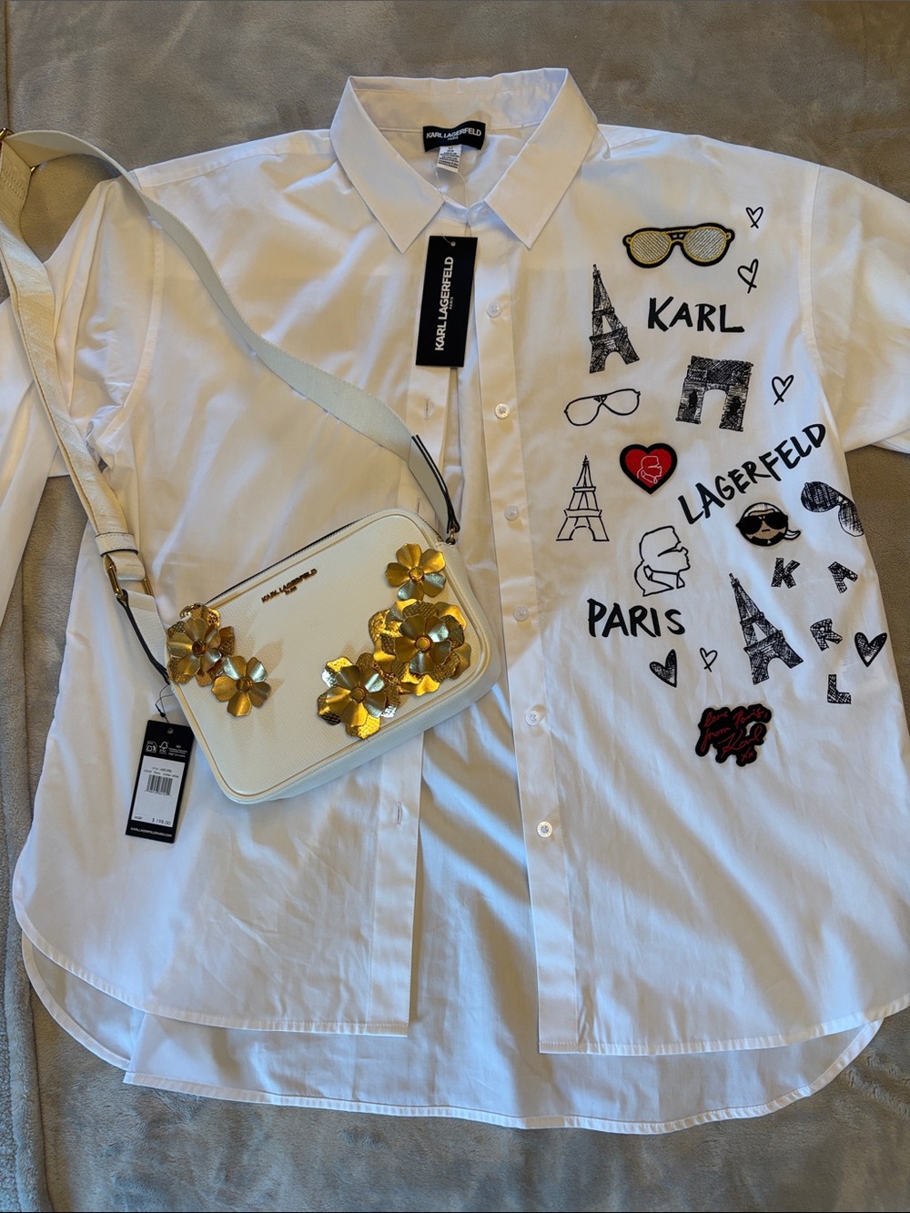 Karl Lagerfeld White Shirt with Embroidered Paris Motifs